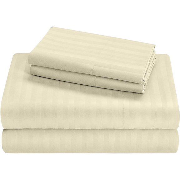 4PC Cot Sheet Sets-1 Flat Sheet, 1 Fitted Sheet 6" Deep Pocket & 2 Pillowcover, 100% Egyptian Cotton, 600TC, Perfect for Camp Bunk, Guest Beds-Ivory Stripe, RV Camper Queen Size