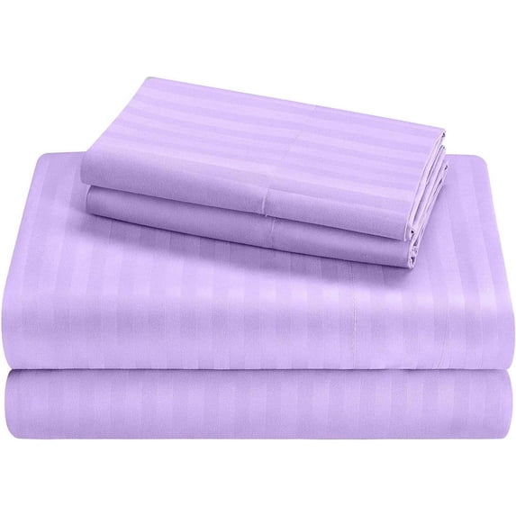 4PC Cot Sheet Sets-1 Flat Sheet, 1 Fitted Sheet 6" Deep Pocket & 2 Pillowcover, 100% Egyptian Cotton, 600TC, Perfect for Camp Bunk, Guest Beds-Lavender Stripe, RV Camper King Size