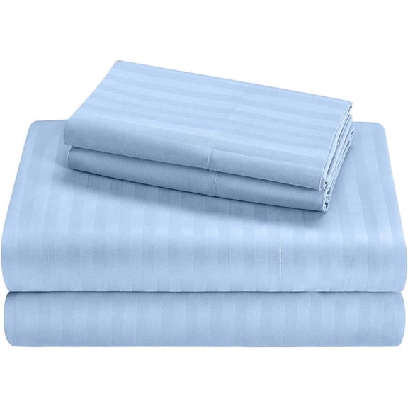 4PC Cot Sheet Sets-1 Flat Sheet, 1 Fitted Sheet 6" Deep Pocket & 2 Pillowcover, 100% Egyptian Cotton, 600TC, Perfect for Camp Bunk, Guest Beds-Light Blue Stripe, Narrow Twin Size