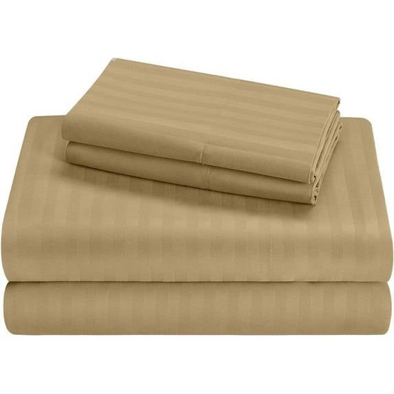 4PC Cot Sheet Sets-1 Flat Sheet, 1 Fitted Sheet 6" Deep Pocket & 2 Pillowcover, 100% Egyptian Cotton, 600TC, Perfect for Camp Bunk, Guest Beds-Taupe Stripe, RV Short Queen Size