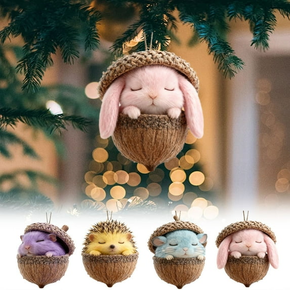 4PC Cute Forest Animal Acorn Ornaments Cozy Forest Christmas Ornaments, 2025 New Pine Cone Decoration, Woodland Creature Figurine, 2D Acrylic Hanging Ornament Home Party Decor Mix