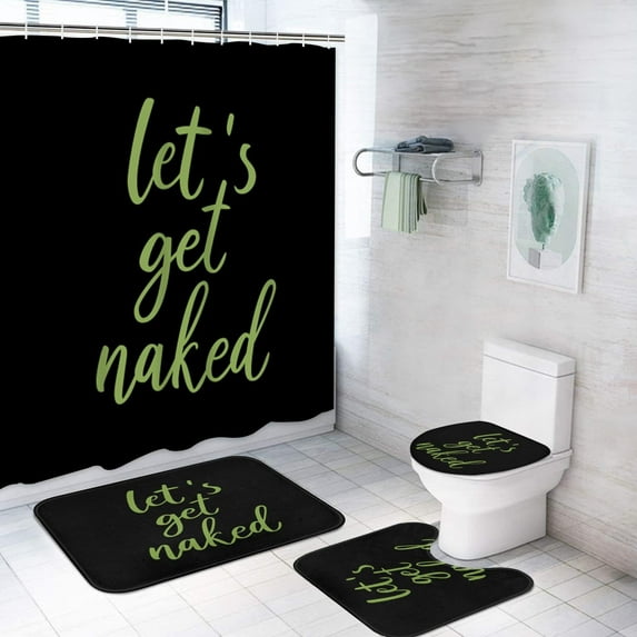 4PC Funny Get Naked Shower Curtain Sets Bathroom Decor with Rugs, Non-Slip Rug,Toilet Lid Cover