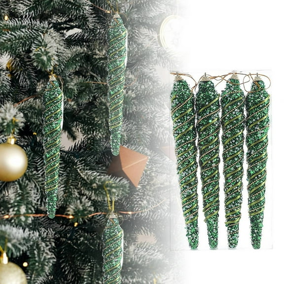 4PC Glitter Icicle Ornament 8 Inch Long for Christmas Tree Decoration and Holiday Xmas Party Hanging(Green)