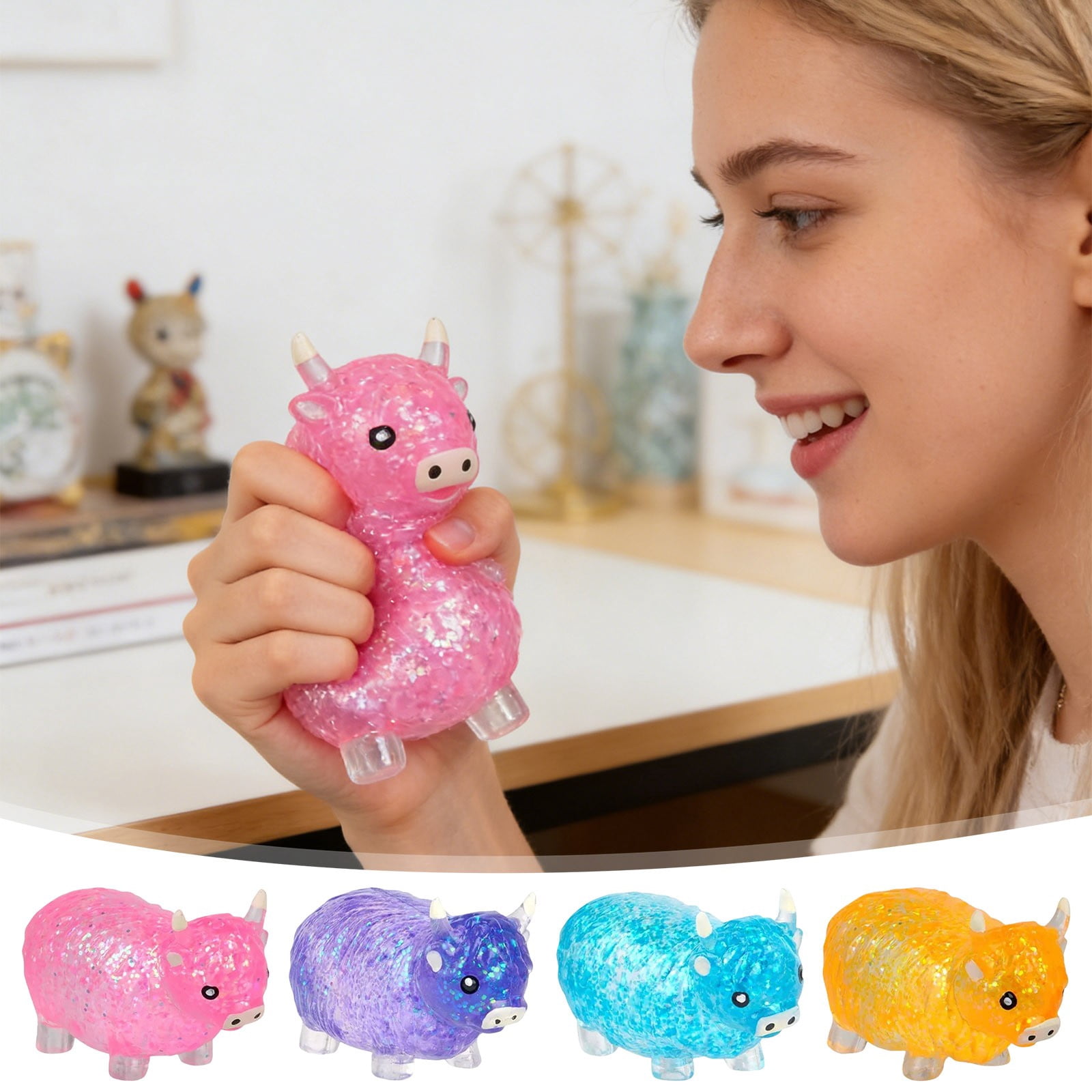 4PC Glitter Stress Relief Hippo Squeeze, Cute Malt Sugar Filled Hippo Squeeze Sensory Fidget, for Adults Anxiety Relief Birthday Party Favors Gift Sugar Ball