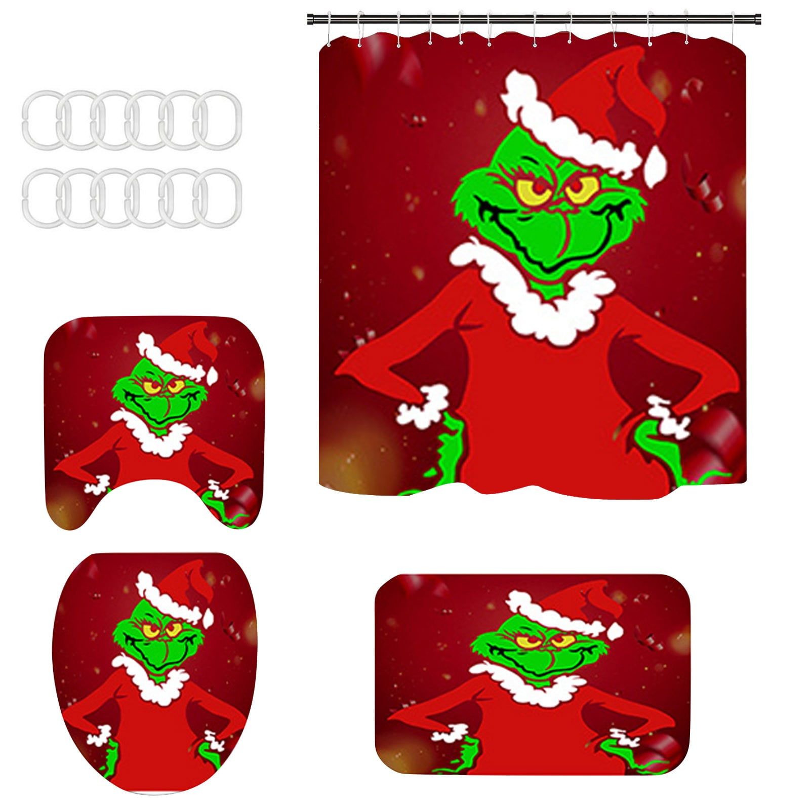 4PC Grinch Bathroom Grinch Christmas Shower Curtain Set Complete with