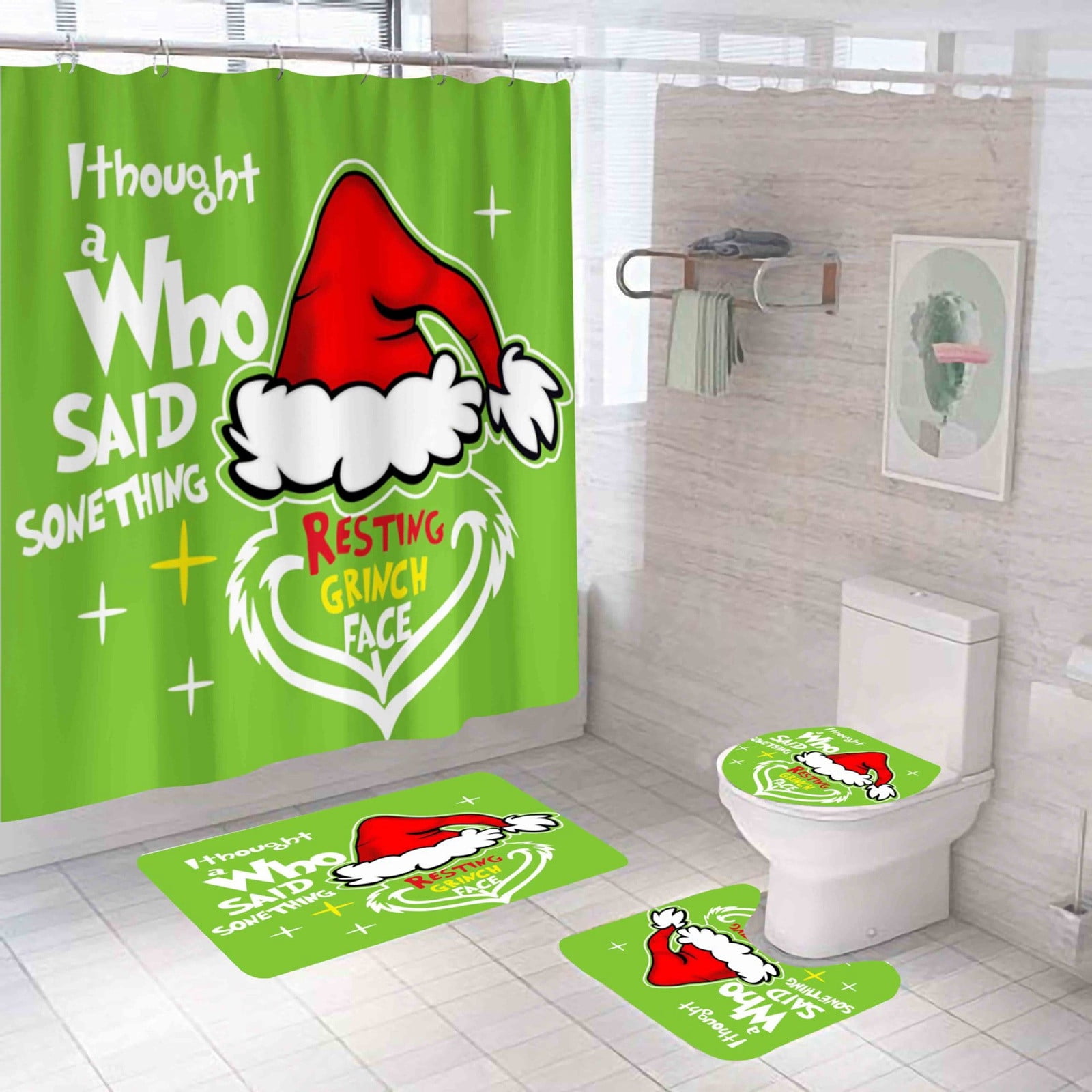 4PC Grinch Bathroom Decorations Festive Grinch Shower Curtain & Mat Set