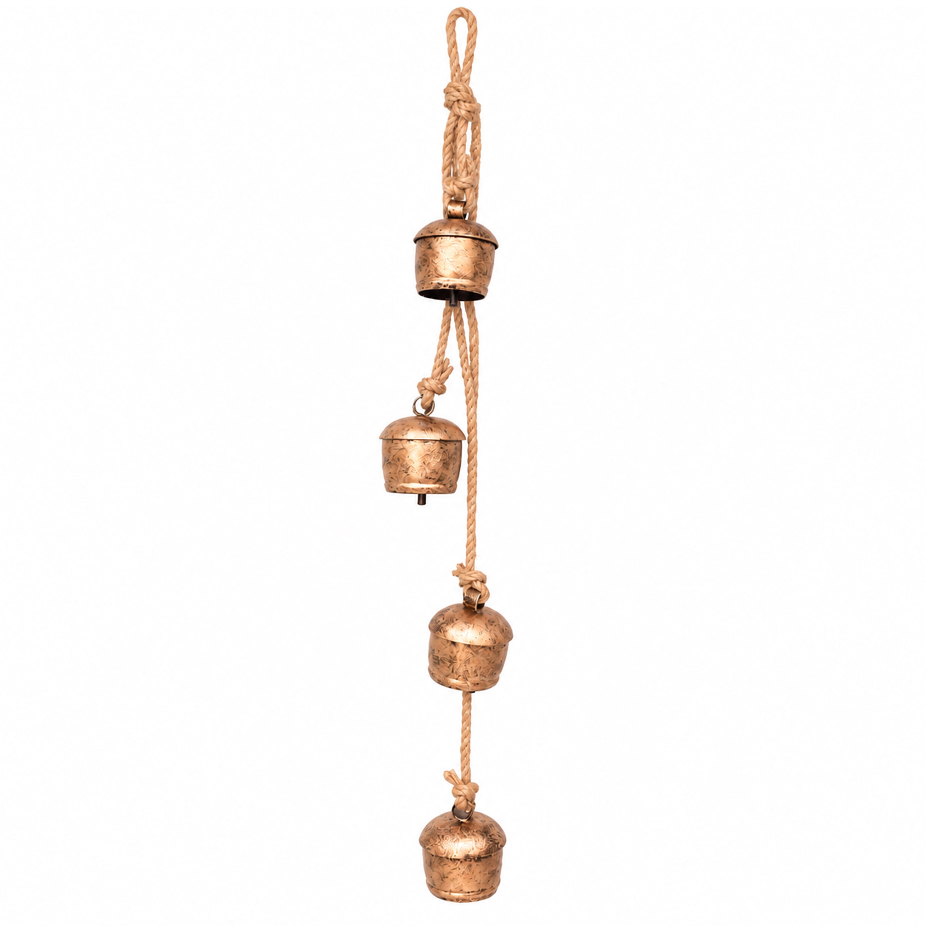 My Texas House 4-Pieces Metal Hanging Bells Antique Gold Finish with Jute Hanging, 22 inch