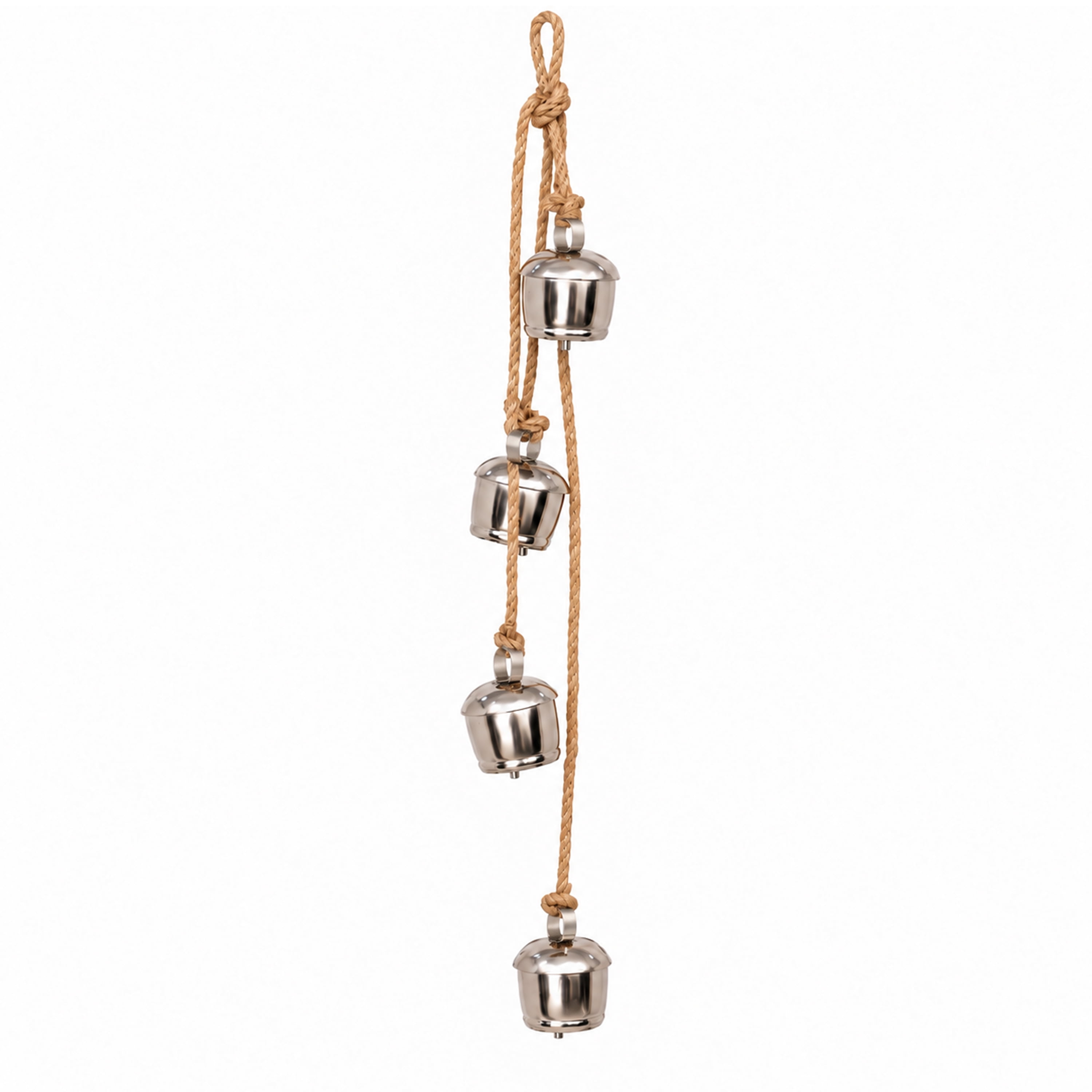 My Texas House 4-Piece Metal Hanging Bells, Silver Finish with Jute