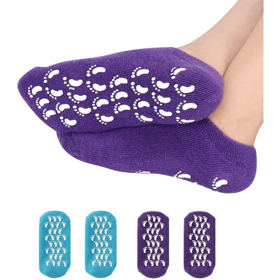 4PC Heel Spa Socks,Moisturizing Socks, Soft Gel Socks Inner Lining Infused with Essential Oils and Lotions -Best for Rough Calluses,Cracked Heel,Soften Dry feet/ (Blue & Purple) for Women & Men.