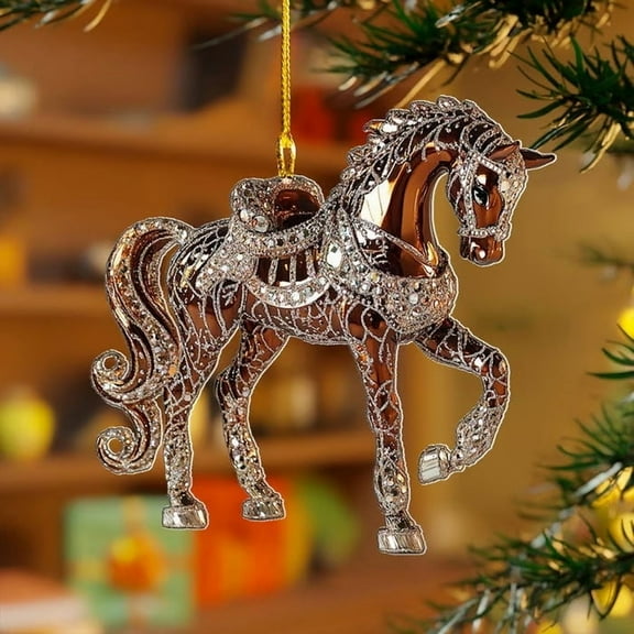 4PC Horse Christmas Ornament with Rhinestones, 2026 Chinese Zodiacs Gift for Horse Lovers, 2D Acrylic Golden Pendant, Gift for Women and Girls, Western Ornaments (Golden)