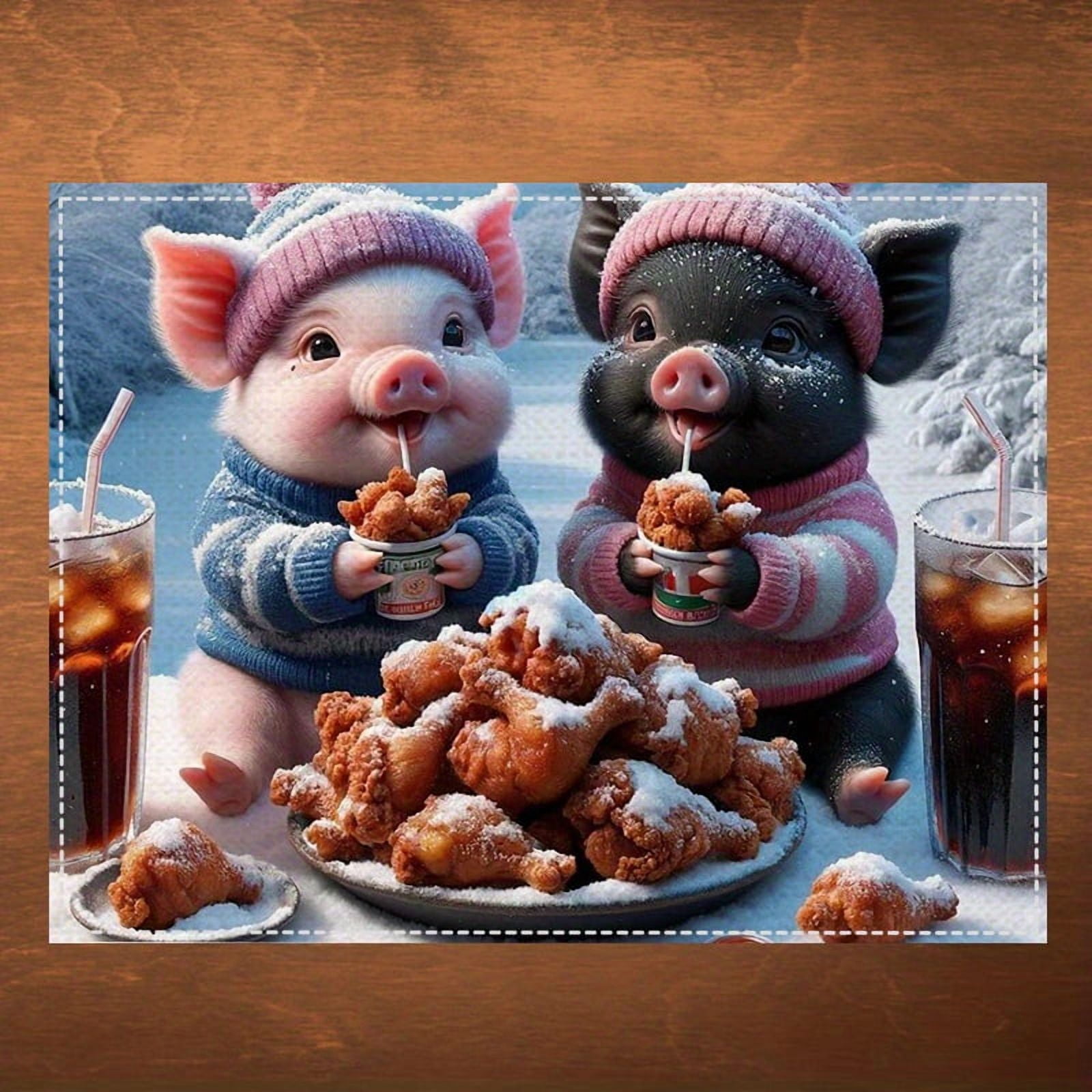 Pig Mat Table 4PC Linen Placemats Animal Style with Pig Design, Woven Rectangular ...