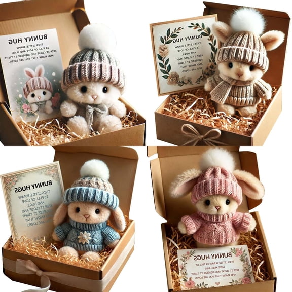 4PC Mini Bunny Hug Cute Easter Gift Plush 2025 Bunny in a Box Hugs Positive Bunny Stuffed Animal Rabbit Soft Floppy Easter Ideas Bunnies Basket Stuffers Doll Inspirational Gifts Style ABCD