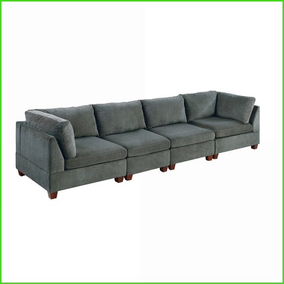 4PC Modular Chenille Sofa Set - Gray Wood Frame Living Room Versatile Seating | Gray | Chenille | Square Arms