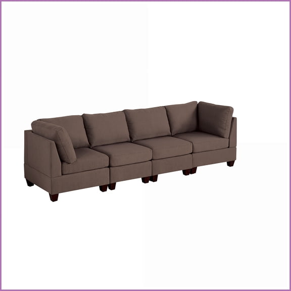 4PC Modular Sofa Set - Black Coffee Linen-Like Fabric with Wood Frame for Living Room | Coffee | Fabric | Square Arms
