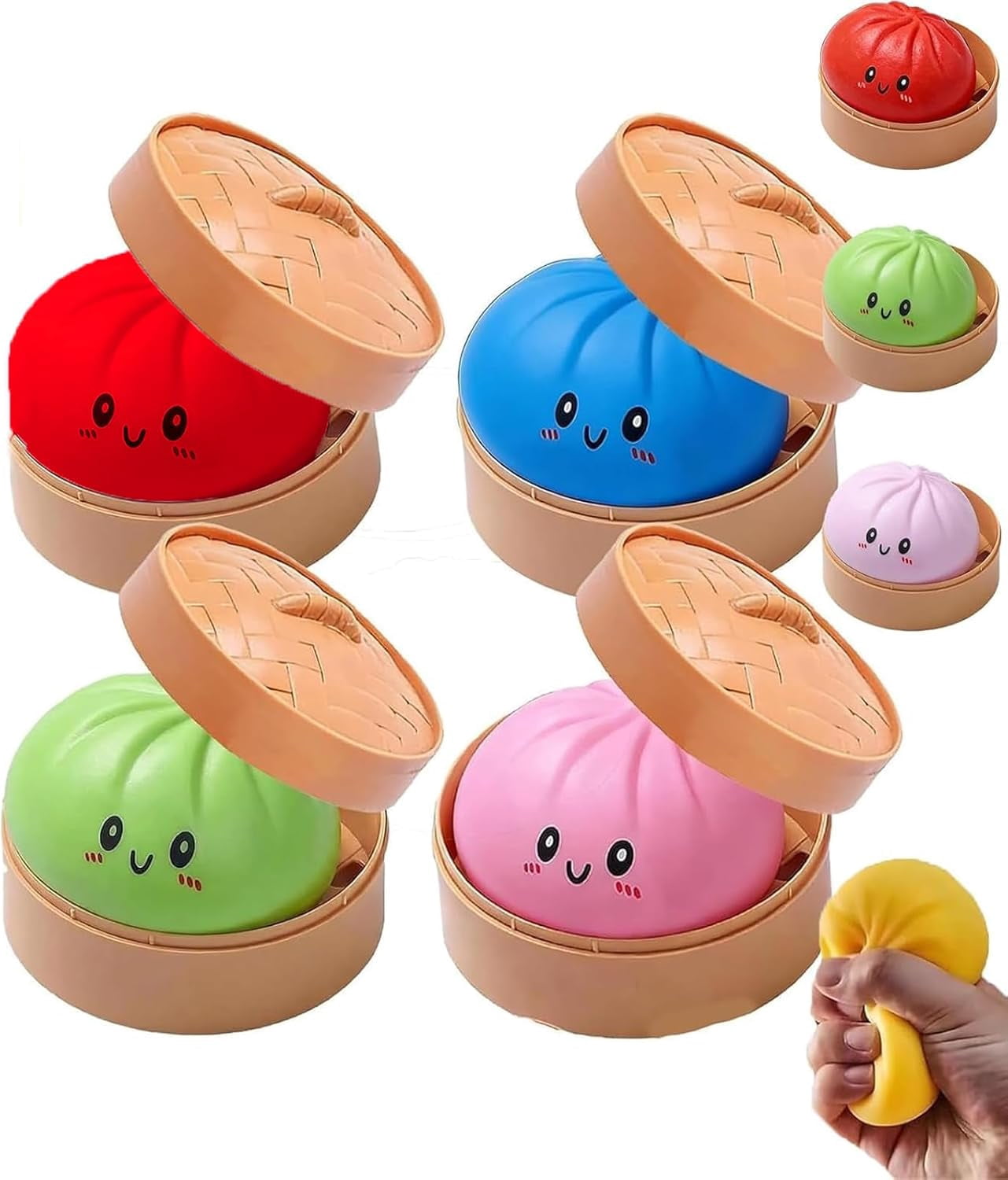 4PC Mystery Dumpling Squishy, 4 Inch Jumbo Dumpling Stress Ball, Squishy Bun, Anxiety Relief Fidget, Soft Squeeze Decompression Dough for Adults Classroom Prizes & Party Favors