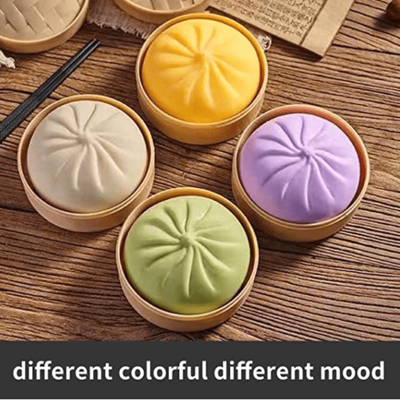 4PC Mystery Dumpling Squishy, High-Quality Silicone Stress Toys - Big Bun with Food Steamer, Hand-Pinching Sensory Toys, Stretchy Desk Toys