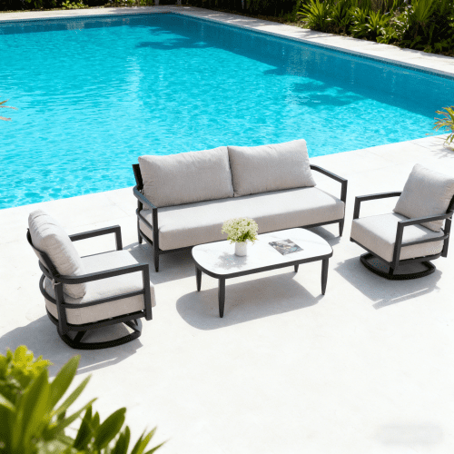 4PC Outdoor Conversation Set with Fully Weld 360° Swivel Club Chairs, Luxurious Bench Seat Sofa, Marble-Inspired Sintered Stone Coffee Table, Ember Black Rust-Free Aluminum Frame & Sunbrella Cushions