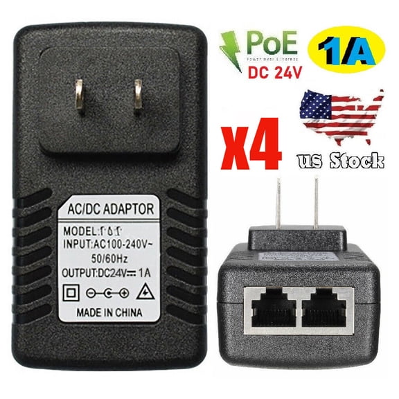 4PC POE Injector 24V 1A Wall Plug Ethernet Adapter IP Phone Camera Power Supply
