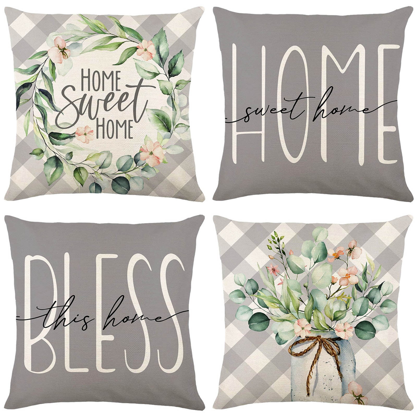 4PC Pillow Covers Farmhouse Pillow Covers 18x18 Spring Flower Grey and