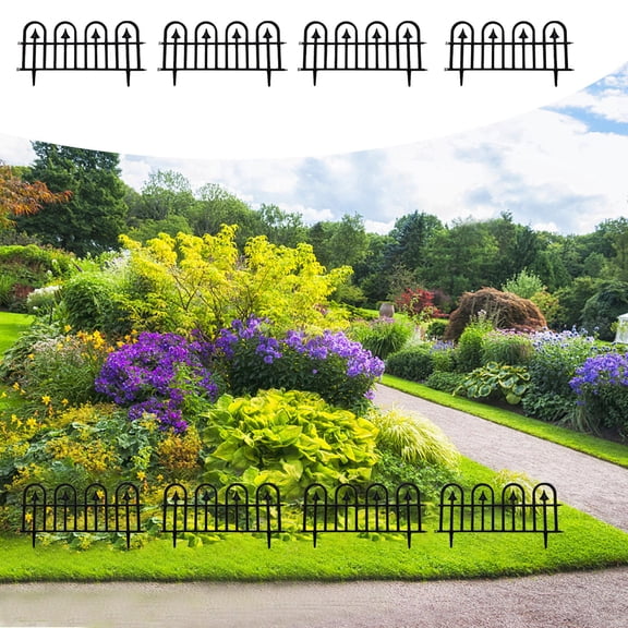 4PC Plastic Garden Edging Border, Garden Picket Fence, Foldable Removable Landscape Edges for Flowerbeds Lawns Driveways, All-Weather Durable Black Fencing with Ground Spikes Easy Assembly and Storage