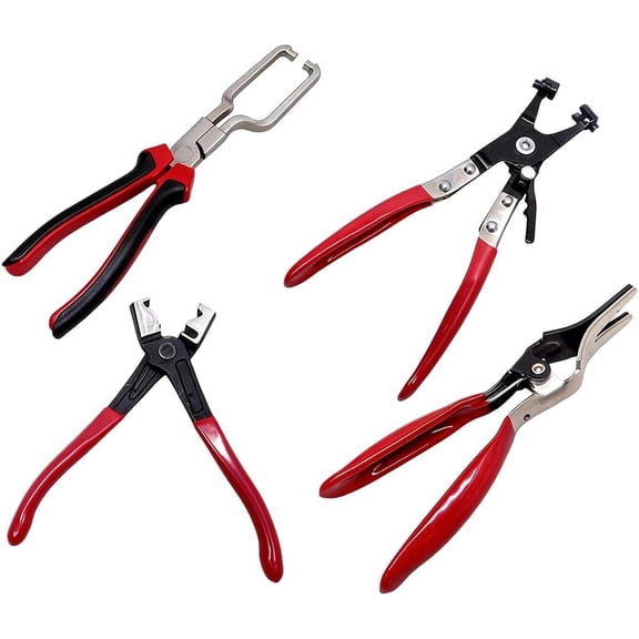 4PC Professional Hose Clamp Pliers Kit-Automotive Fuel Line Disconnect Tool Set with Wire Stripper & Cutters, Heavy Duty Retaining Spring Clip Remover for Car Radiator Coolant Hose Electrical Repair