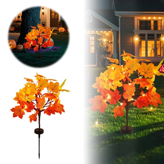 4PC Solar Lighted Maple Leaf Tree Stake Decor Warm LED Glow Fall Harvest Lawn Ornament Waterproof Outdoor Front Yard Pathway Autumn Halloween Seasonal Landscape Lighting Accessory