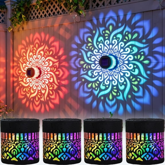 Vikakiooze 4PC Solar Mandala Lights Outdoor Seven-Color Changing Wall Lantern Waterproof Metal Fence Lamp for Yard Garden Post Patio Backyard Decor
