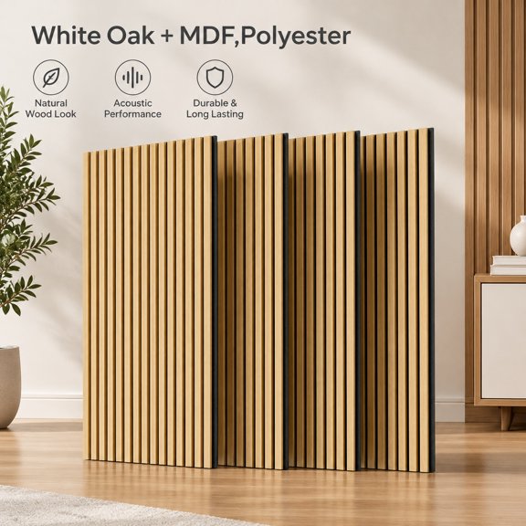 4PC White Oak Wood Slat Acoustic Panels for Wall and Ceiling - 3D Fluted Sound Absorbing Wall Panels, 45.27''X23.62'' with Fully Wrapped Three Sides Wood Finish