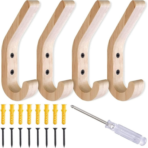 4PC Wooden Coat Hooks, Heavy Duty Wall Mounted Hooks, Decorative Vintage Natural Oak Wood Wall Hooks for Hanging Coats, Bag, Scarf, Key, Cap, Towel