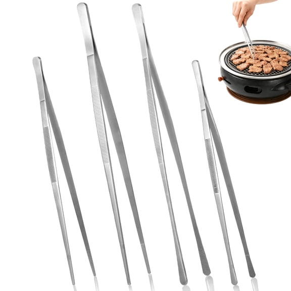 4PCS Long Kitchen Tweezers Set, 10" 12" Stainless Steel Tweezer Tongs with Pointed and Round Tips, Professional Cooking Tweezers for Cooking BBQ Plating Seafood Dessert
