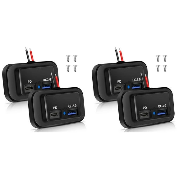 4PCS 12V/24V RV USB Outlet, Dual PD3.0 Type-C (USB C) & Quick Charge QC3.0 USB-A Port Panel Mount Car Socket Charger