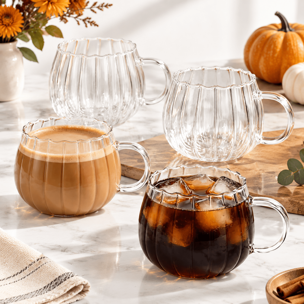 4PCS 12oz with Transparent Handle Pumpkin Glass Coffee Mugs Set for Hot ...