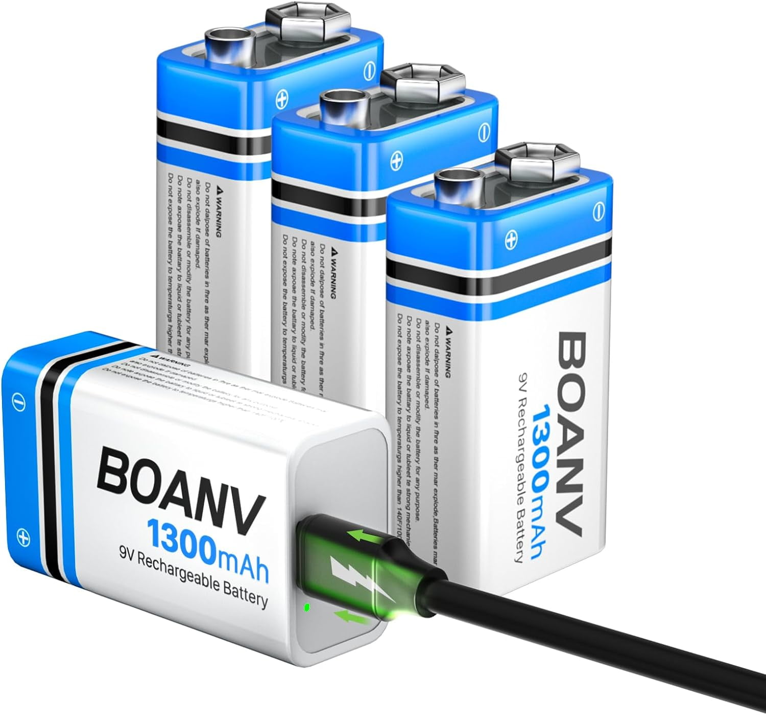 4PCS 1300mAh 9V Rechargeable Batteries, USB Lithium Long Lasting Battery, with 2 in 1 Charging Cable, for Smoke Detectors, Alarms, Keypad, Microphone