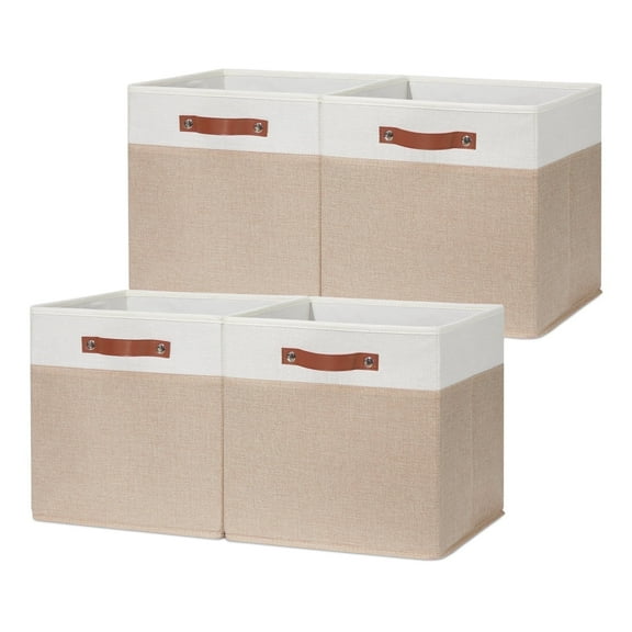 4PCS 13x13inch Fabric Baskets for Organizing Storage Cubes, Fabric Foldable Canvas Storage Bins for Shelves, Cloth Storage Bins for Cube Organizers Toy(White Beige)