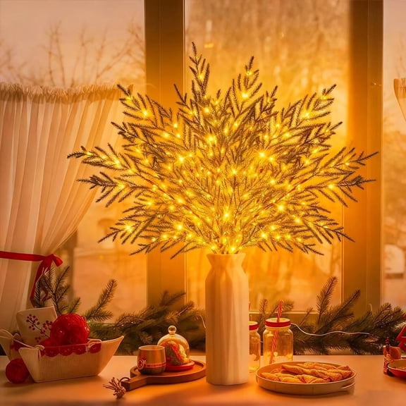 4PCS 14 Inch Christmas Lighted Norfolk Pine Stems,Lighted Branches For Vases, Lit Stems Pre Lit Norfolk Pine Branche For Vase, Lighted Stems And Artificial Lits, Realistic Greenery With Led Lights