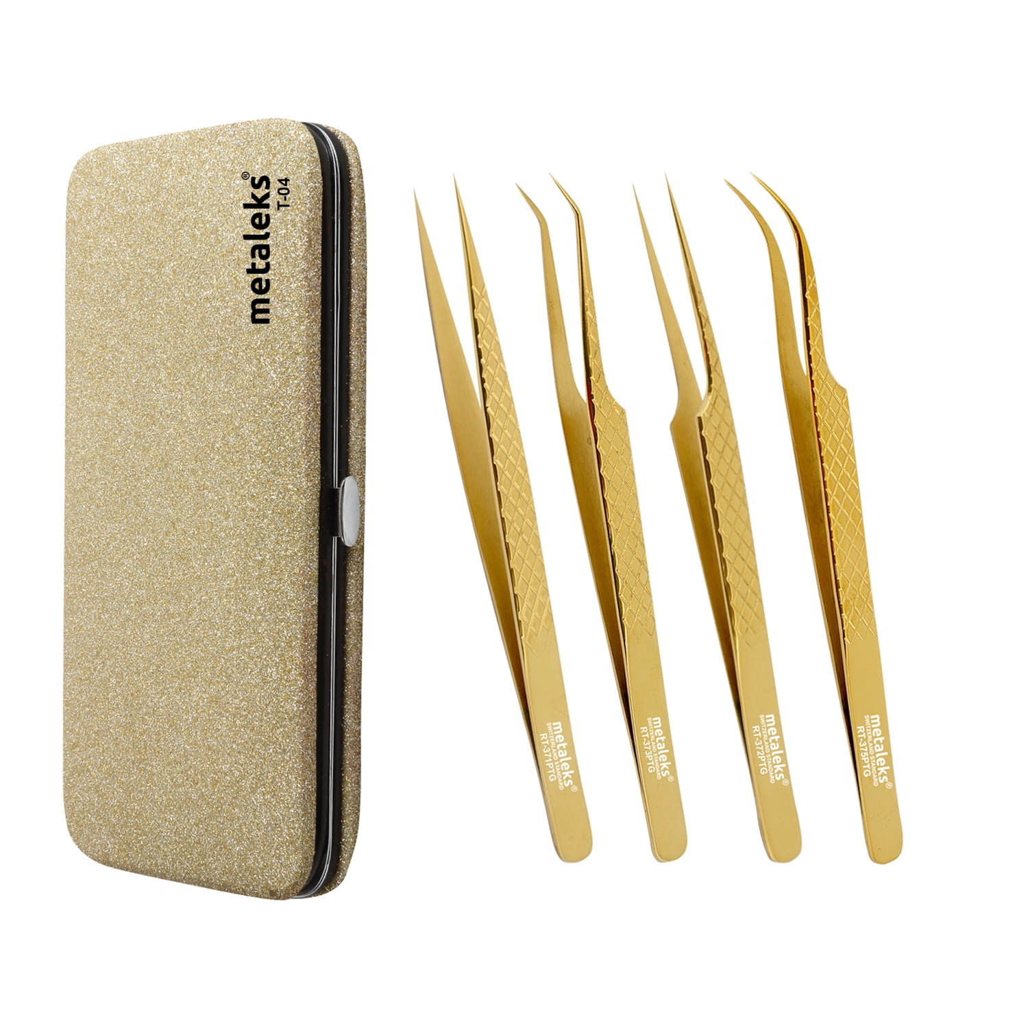 4PCS - 14CM Golden Titanium Coated Eyelash Extension Tweezers With Golden Glitter Elastic Kit - Made of Japanese Stainless Steel