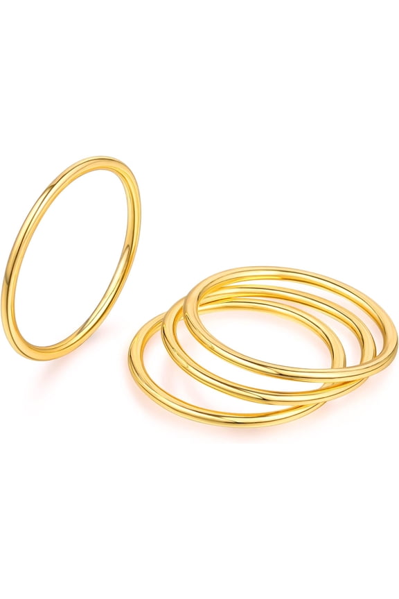 4PCS 14K Gold Plated Stacking Ring 1MM Thin Gold Ring for Women Statement Stackable Plain Ring Thumb Pointer Finger Ring Comfort Fit Size 4-10