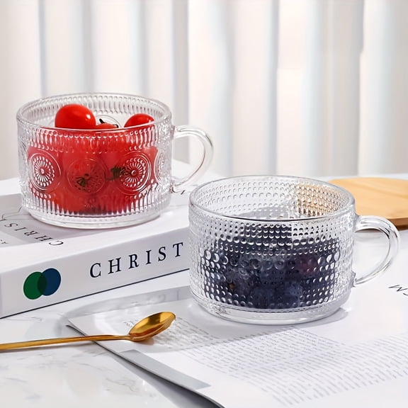 4PCS 15.2oz/450ml Retro Patterned Glass Coffee Cups, w/Bamboo Lid & Spoon for Latte Tea Overnight Oats