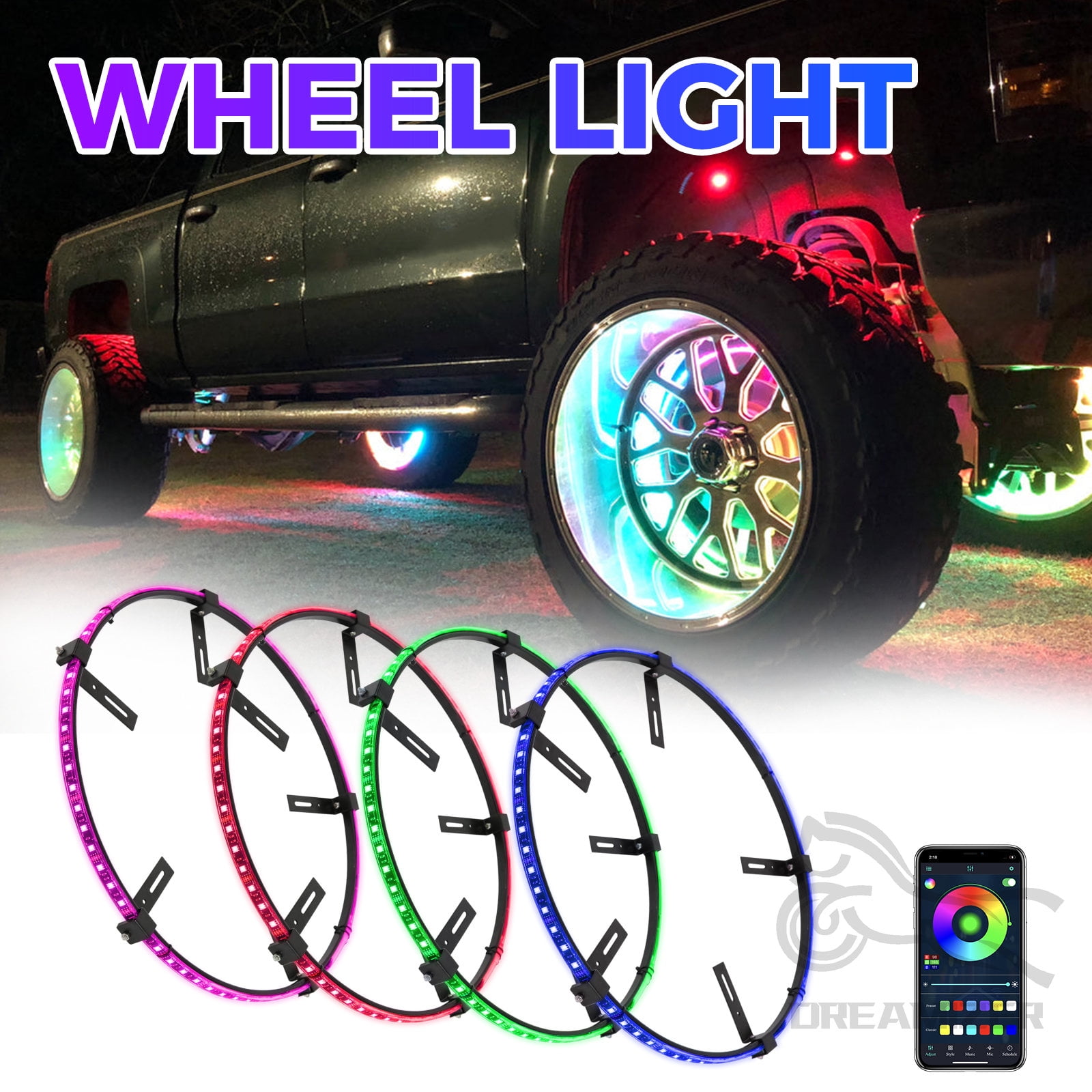 4PCS 15.5inch RGB LED Wheel Ring Light Kit Bluetooth Control w/Turn Signal and Braking Function can Controlled by Remote and APP(Double Row)