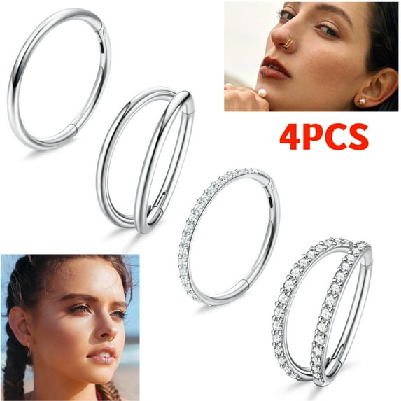 4PCS 18G Nose Rings Hoops, Surgical Steel Earrings Tragus Septum Piercing CZ Clicker Ring, Hinged Segment Conch Lip Cartilage Double Hoops 8mm 10mm For Women Men