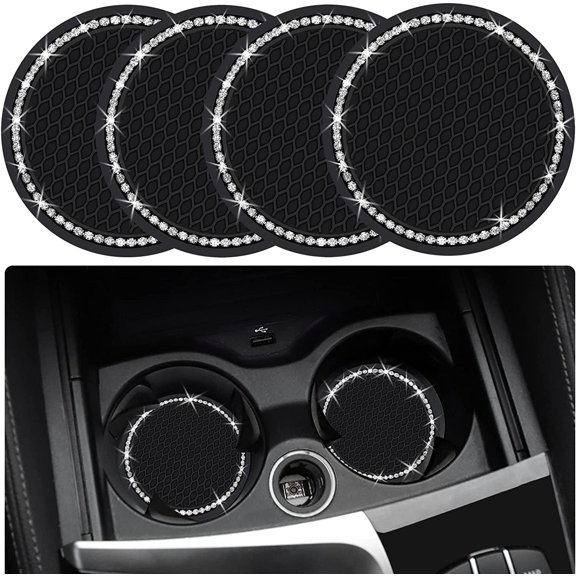 4PCS 2.75 Inch Bling Auto Car Cup Holder Insert Coasters Silicone Anti-Slip Crystal Rhinestone Drink Car Cup Mat, Universal Vehicle Interior Accessories for Women Girls (Black)