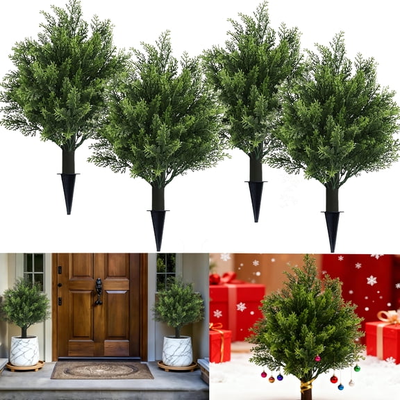 4PCS 24.8-Inch Artificial Cedar Topiary Ball Trees with Ground Spike UV-Resistant Artificial Shrubs Fake Evergreen Artificial Shrubs and Bushes Plants Faux Decor for Xmas Decor Front Porch Garden