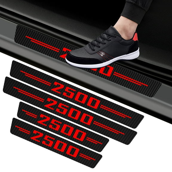 4PCS 2500 Door Sill Protectors, Carbon Fiber Door Threshold Protection, Front/Rear Door Sill Plate Step Guard, Anti-Scratch Entry Guard Sticker Suitable for Dodge(Red)