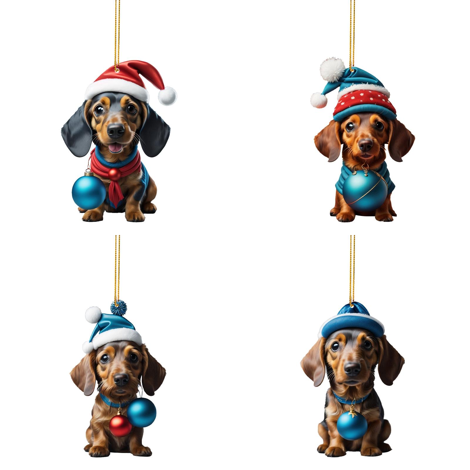 4PCS 2D Acrylic Dachshund Dog Christmas Ornaments, Blue Hat & Bauble — free download