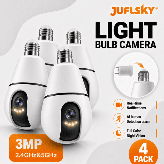 4PCS 3MP Light Bulb Security Camera, 2.4G&5G WiFi Bulb Camera for Home, Motion Detection and Alarm, Two-Way Talk, Color Night Vision, Human Detection