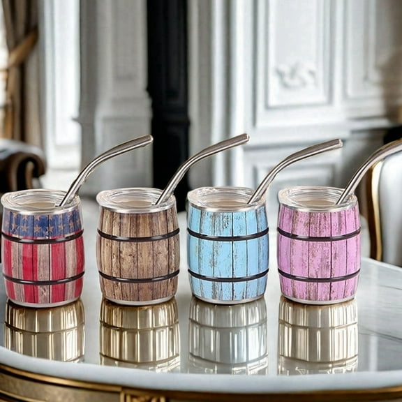 4PCS 3 oz Mini Tumbler Metal Shot Glass Set with Straw and Lids Stainless Steel Double Wall Insulated Barrel Shape Cups Gifts for Men or Whiskey Lover