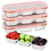 4PCS 304 Stainless Steel Bento Boxes Set, 3-Compartment, 20.29 fl oz, Leak-Proof, Divided Food Container, Portable, 4.1" x 10.3" x 1.6", Reusable Snack Boxes for Youngsters Adults