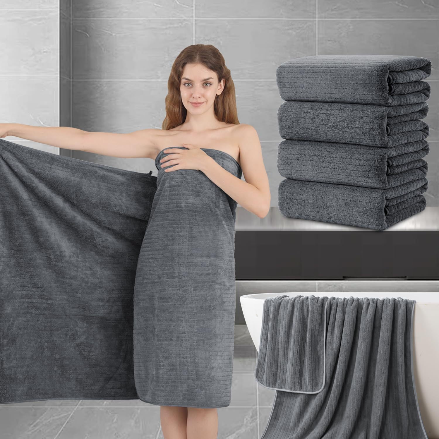 4PCS 35x70 Inches Extra Large Bath Towels, Cotton Bathroom Towels, Super Soft and Absorbent - Gray
