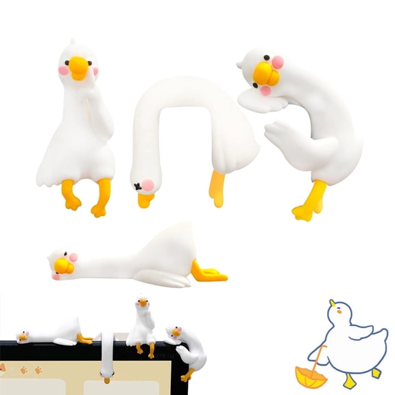 4PCS 3D Goose Figurines - White Resin Monitor Toppers & Desk Decor, Cute Cartoon Computer TV Decors for Office & Home