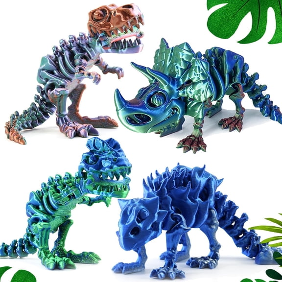 4PCS 3D Printed Dinosaur Skeleton, Articulated Tyrannosaurus Skeleton, 3D Printed Triceratops, Ridgeback, Stegosaurus, 3D Printed Animal Decor for ADHD